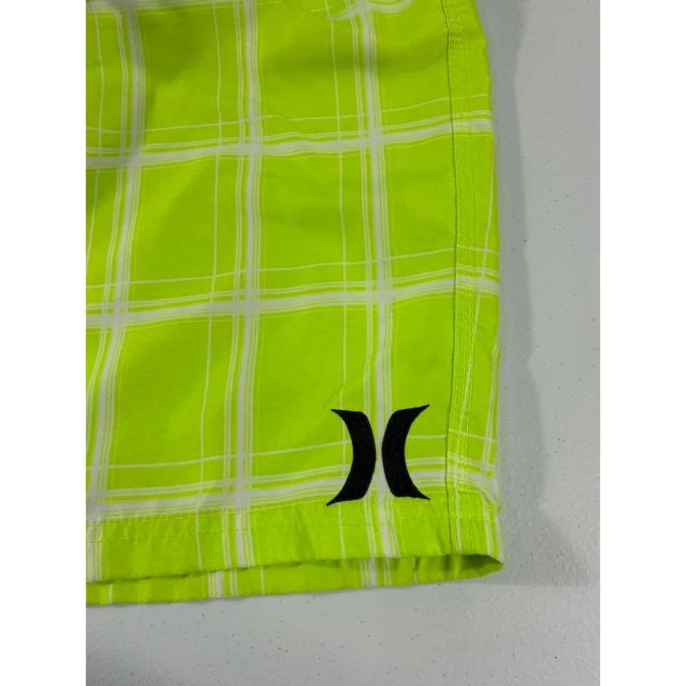 Hurley Board Shorts Mens 38 Neon Green Plaid Surf Swim Y2K Beach Skater Surfcore